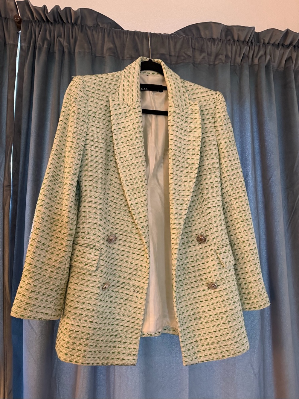 Zara Cream and Green Tweed Double-Breasted Blazer